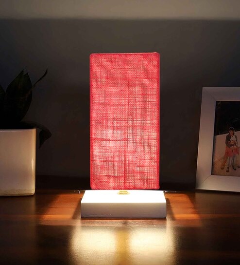 Square Pink Jute table lamp with White wood base -50