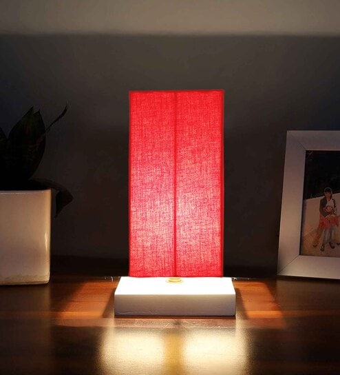 Square Red Cotton table lamp with White wood base -44