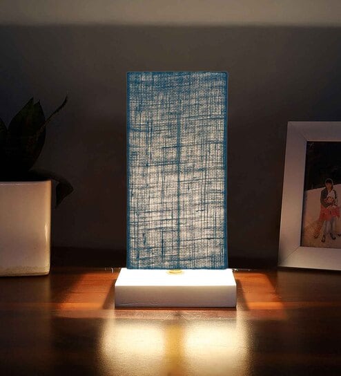 Square Turquoise Jute table lamp with White wood base -53