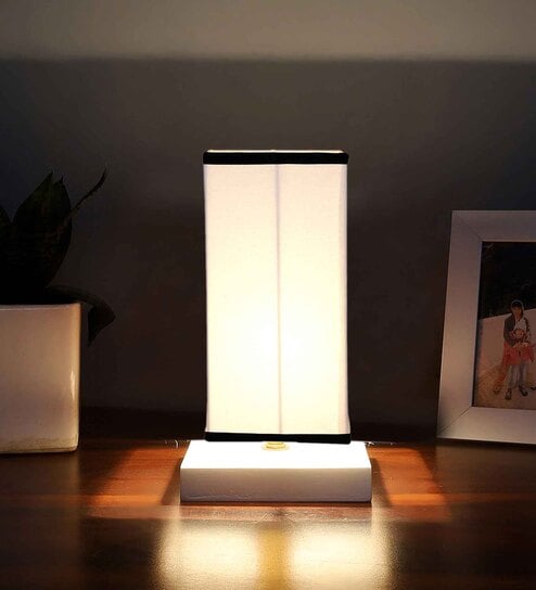 Square white & black Cotton table lamp with White wood base -48
