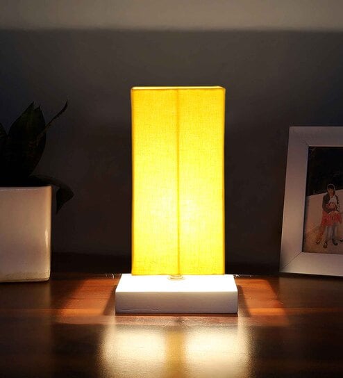 Square Yellow Cotton table lamp with White wood base -46