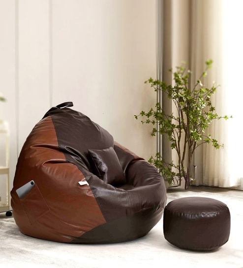 Squivo 3XL Leatherette Bean Bag Filled with Beans With Footrest, Cushion & Pocket In Brown & Tan Colour