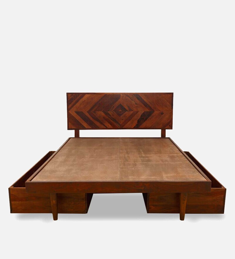 Buy Square Diamond King Size Bed With Drawer Storage In Honey Finish By