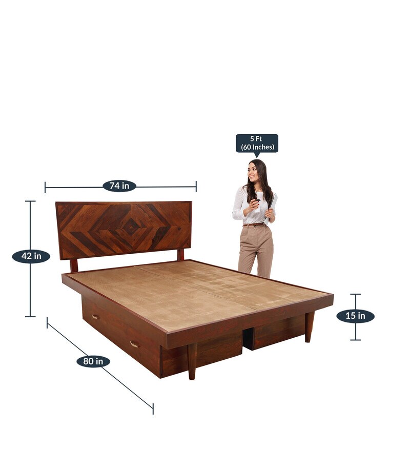 Buy Square Diamond King Size Bed With Drawer Storage In Honey Finish By