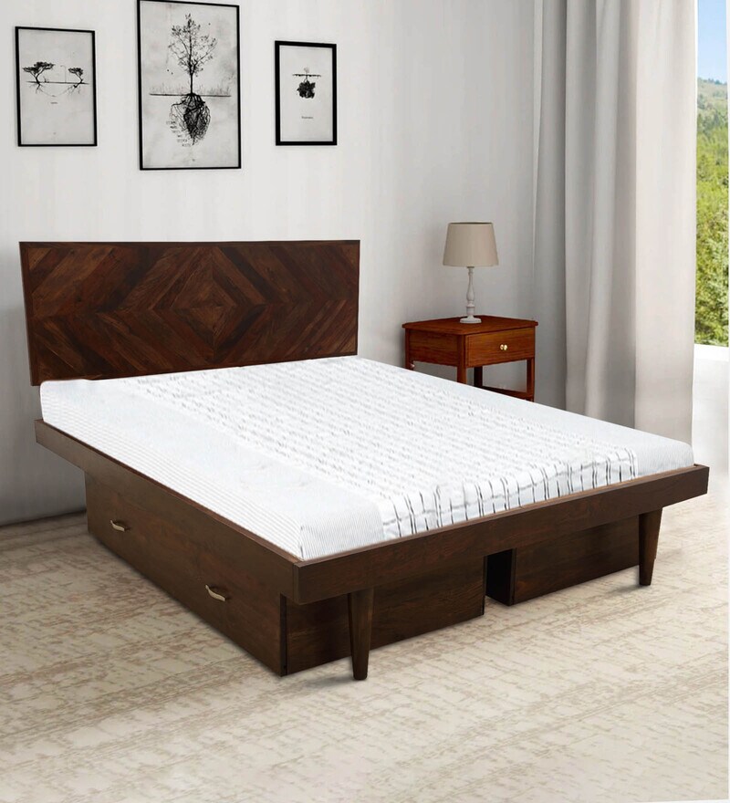 Buy Square Diamond King Size Bed With Drawer Storage In Walnut Finish