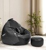 Squivo 4XL Leatherette Bean Bag  Filled with Beans With Footrest, Cushion & Pocket In Black & Grey Colour