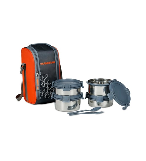 Varmora SS Cuisine Stainless Steel Lunch Box for Office - Set of 4 Container - Grey - 520 ml- 2pc & 390 ml-2pc with Insulated Bag