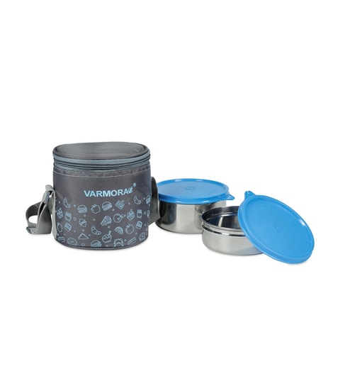 Varmora SS Executive Printed Assorted Stainless Steel Tiffin Lunch Box Set of 2 Containers (390 ml and 520 ml)- Blue