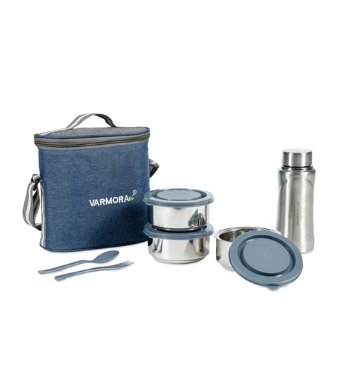 Varmora SS Hot-N-Fresh Stainless Steel Lunch Box Set (Set of 3 Containers 300 ml Each with SS Bottle- 500ml, Insulated Bag) - Grey