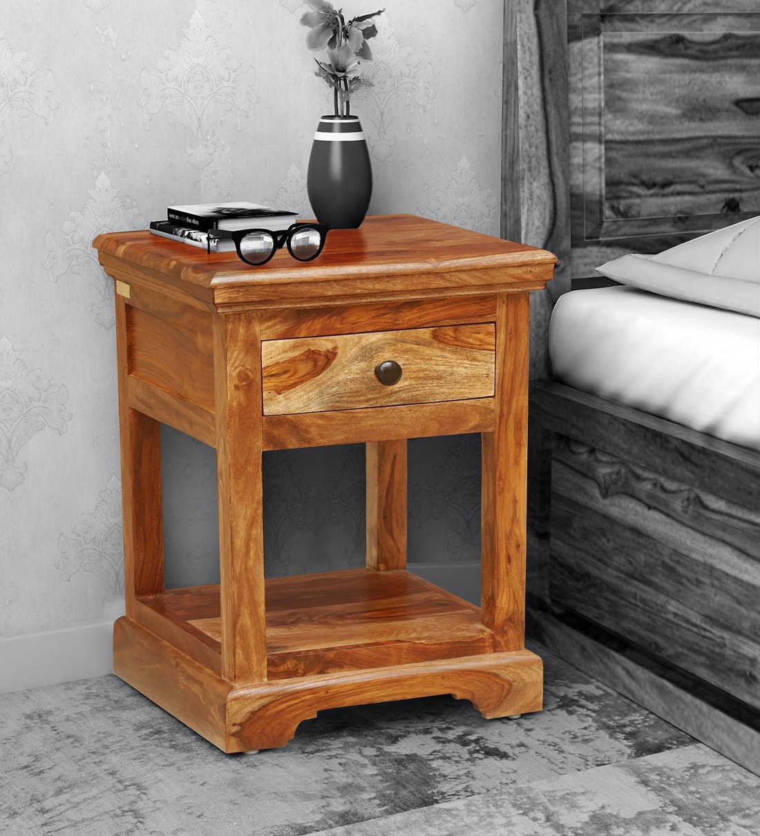 Buy Sencillo Sheesham Wood Lhs Bedside Table In Provincial Teak