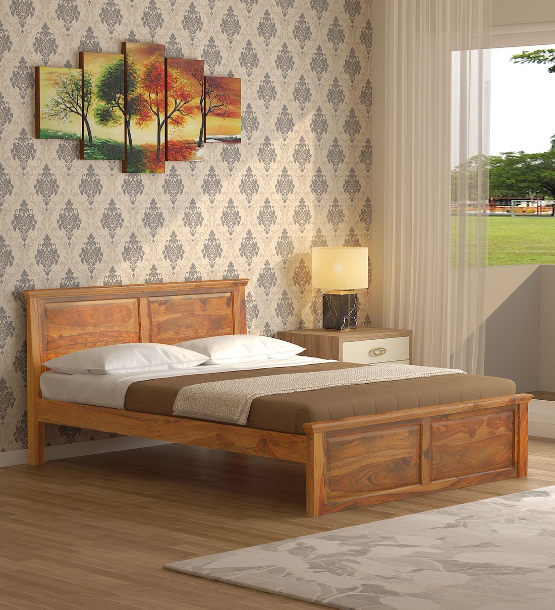 Buy Stanfield Solid Wood Queen Size Bed In Rustic Teak Finish By
