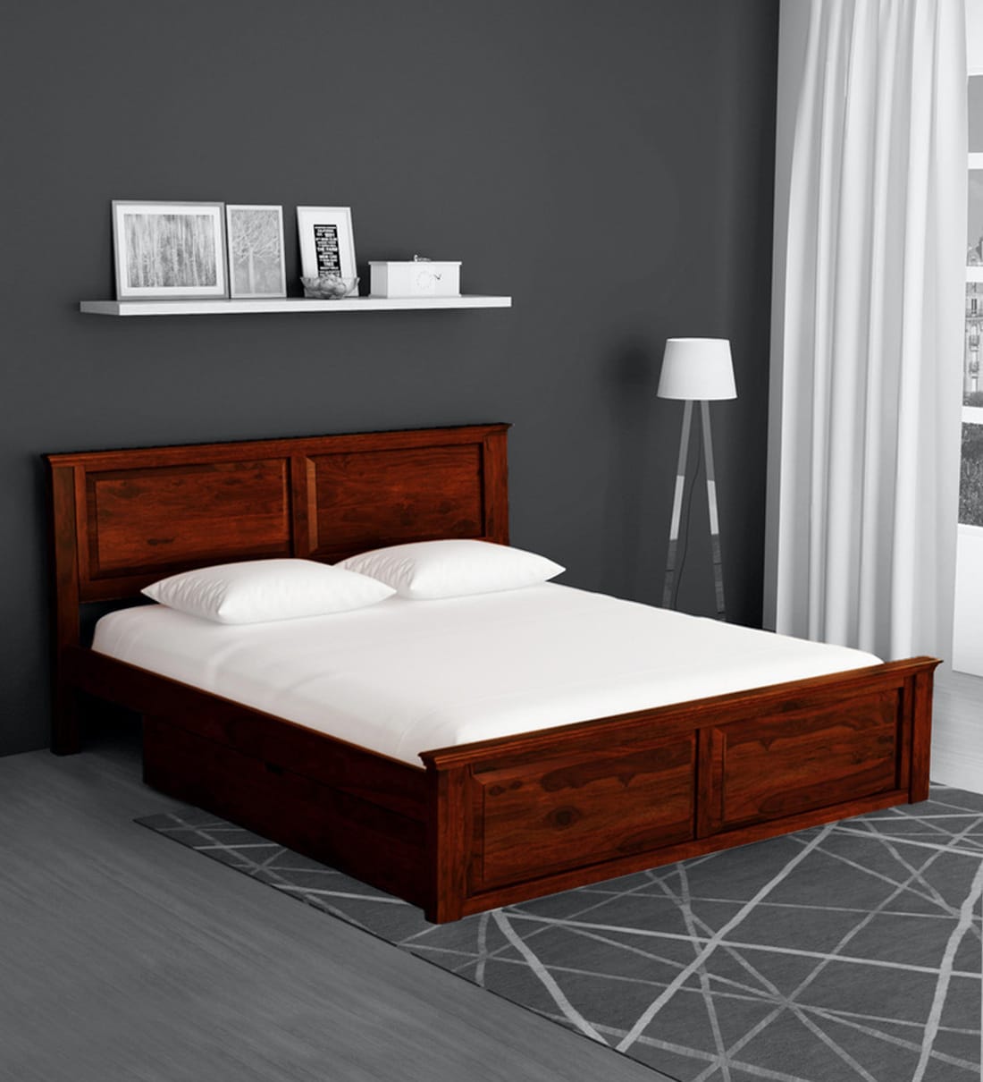 Buy Stanfield Solid Wood Queen Size Bed With Drawer Storage In Honey