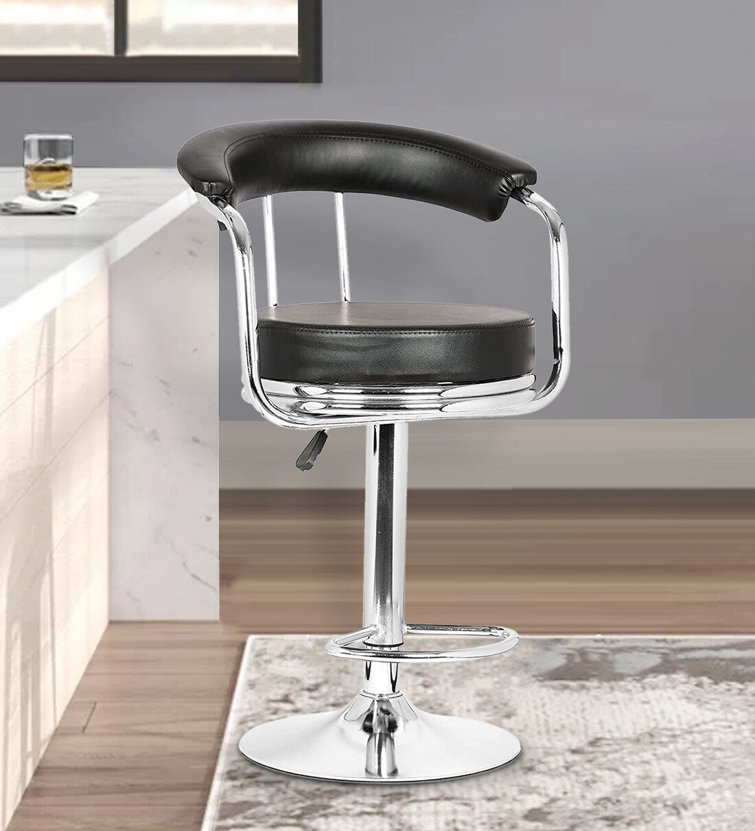 Buy Stanley Leatherette Bar Stool In Black Colour Online Contemporary