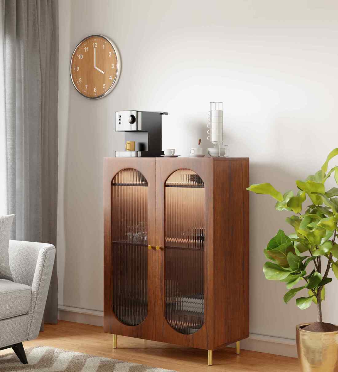 Stellar Fluted Acrylic 2 Door Cabinet With Automatic Led Light & Adjustable Shelf Tall Size In Teak Brown