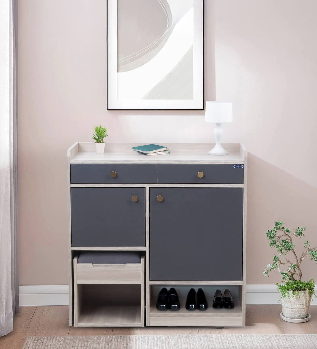 Steppy Shoe Cabinet In Dark Grey Cloud Ash Finish With Seating Stool