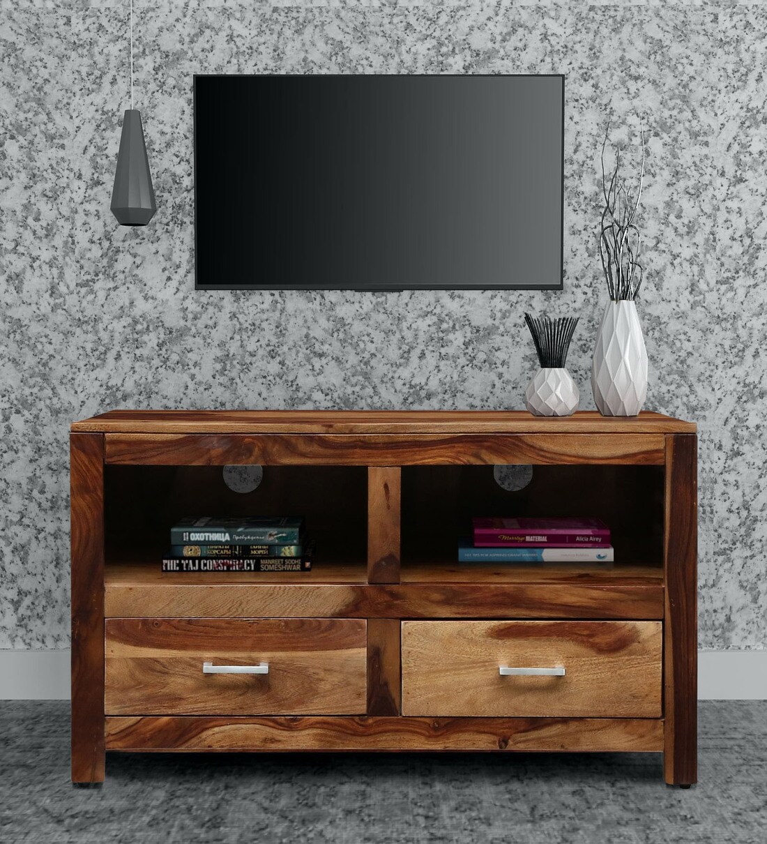 Buy Stigen Solid Wood TV Console in Rustic Teak Finish By Woodsworth