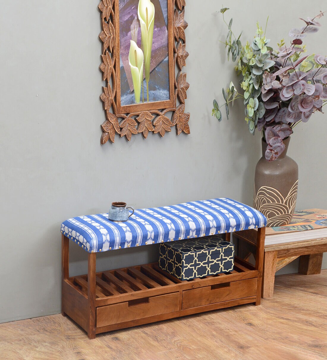 Buy Storage Solid Wood Bench in Blue & White Colour with Storage at 25