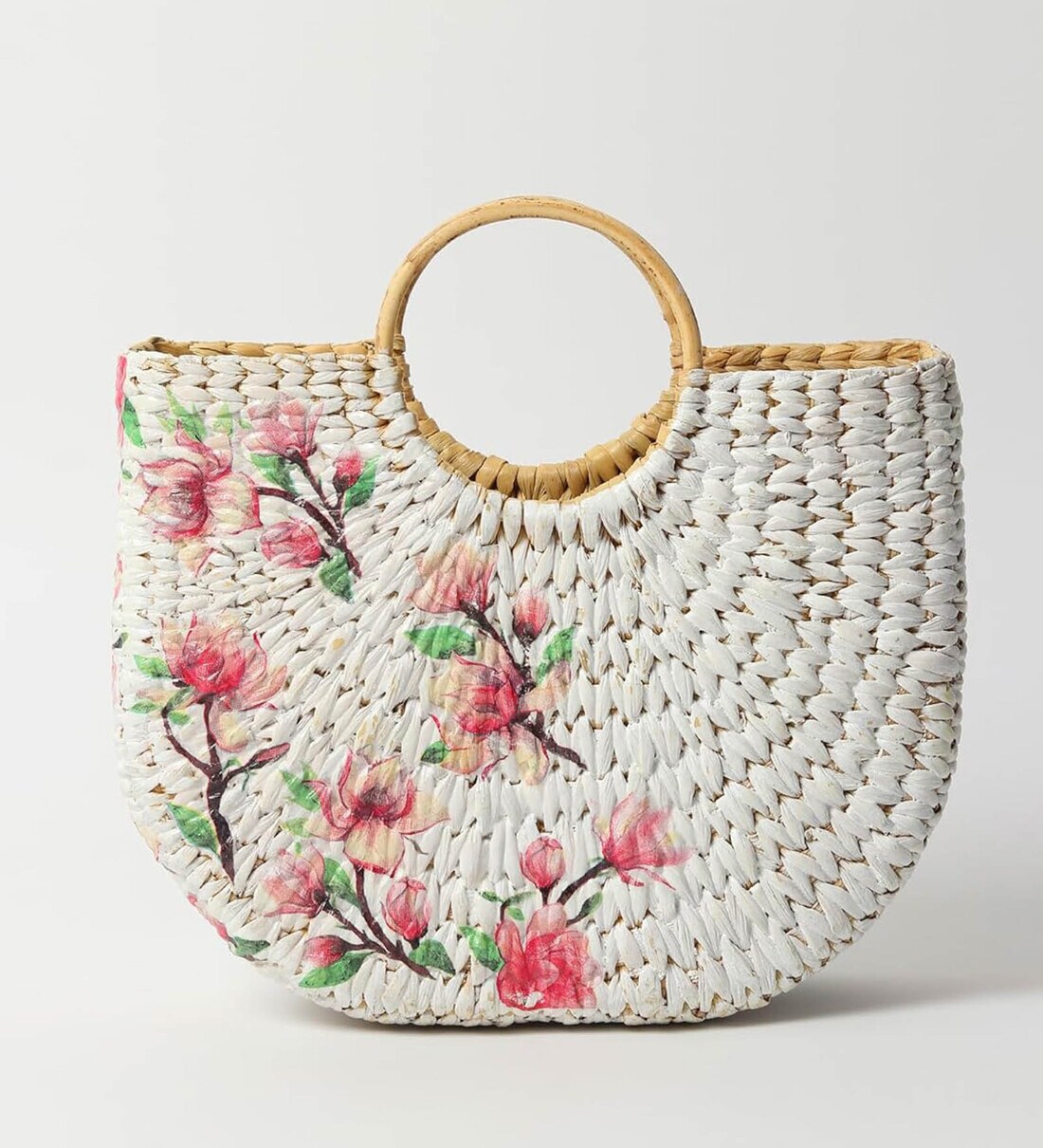 Straw Tote Bag Basket Bags Bamboo Tote Beach Bags for Women White  Handbag Half Moon Bag (Magnolia Springs)