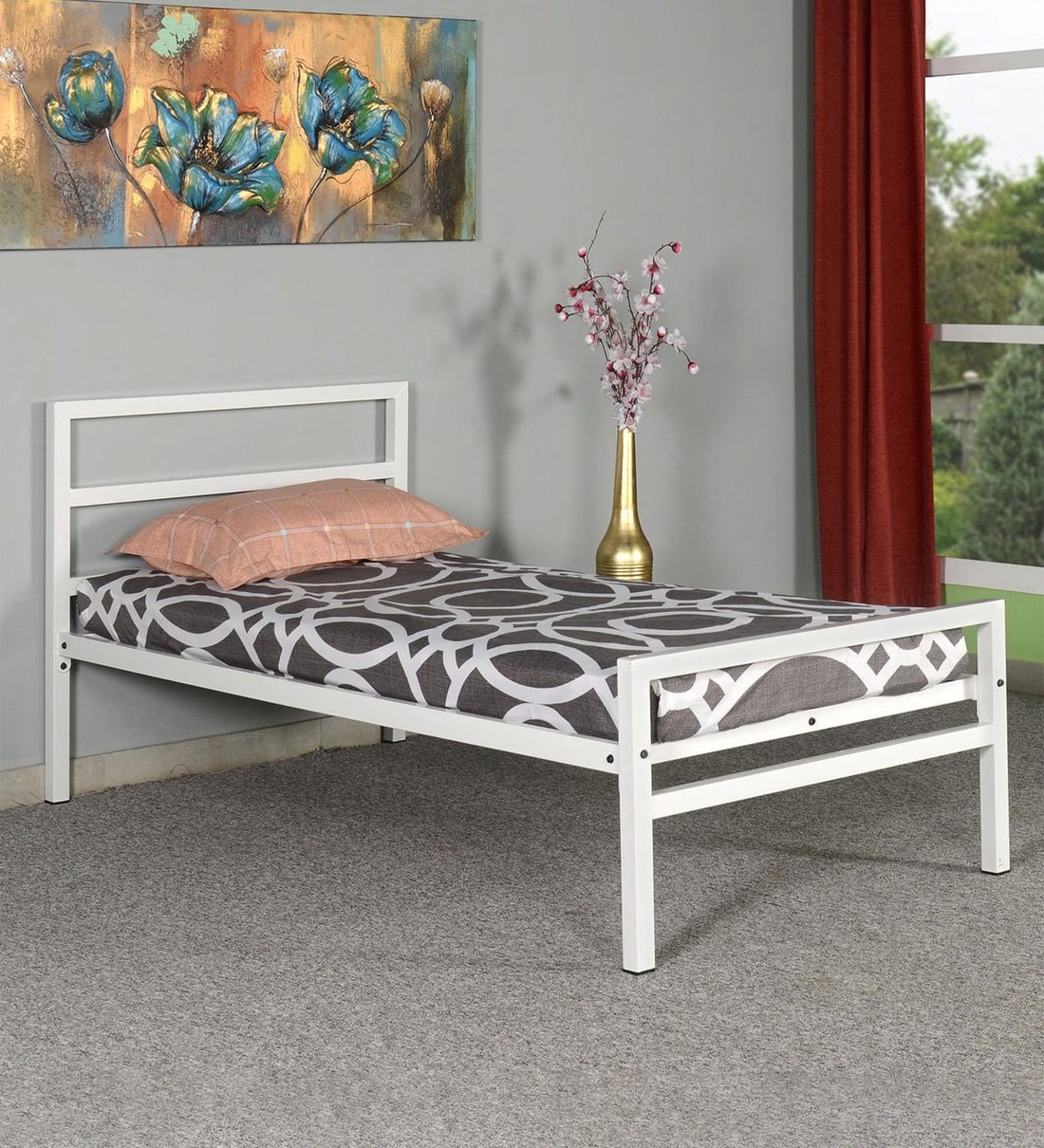 Buy Striker Metal Single Bed in White Finish by Doctor Dreams