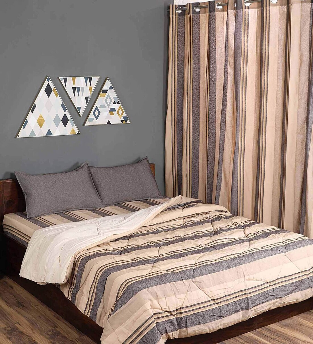 Buy Grey Striped 210 TC Cotton (Set of 6) Double Bed Bedding Sets by
