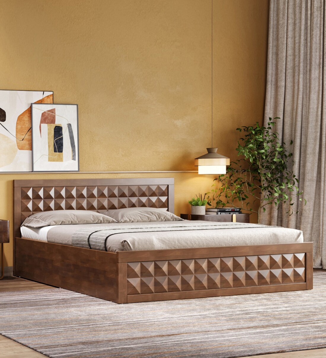 Buy Stud Solid Wood King Size Bed In Irish Walnut Finish With Hydraulic