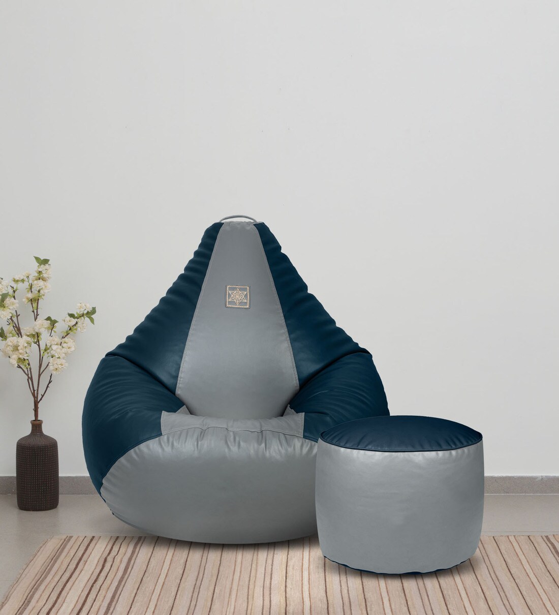 Buy Stylish XXL Leatherette Bean Bag Cover in Blue & Grey Colour with Pouffe cover Online Bean