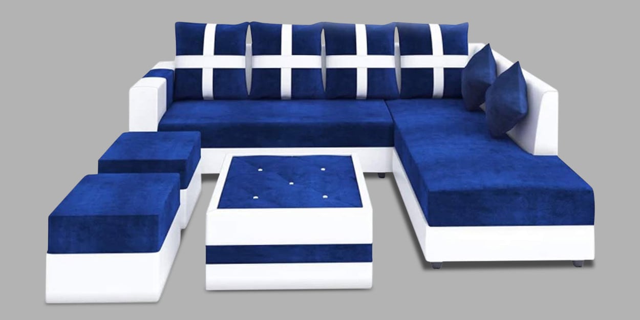 Stylecon 8 Seater LHS Sofa Set With Ottoman In Light Grey & Blue Colour