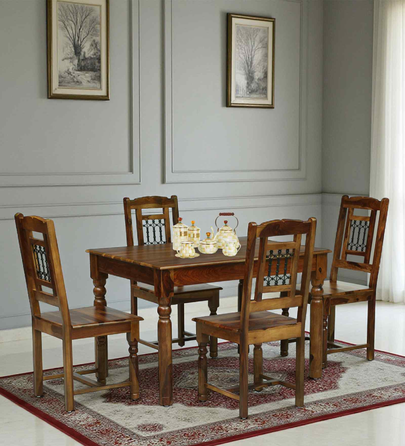Stafford Sheesham Wood 4 Seater Dining Set In Provincial Teak Finish