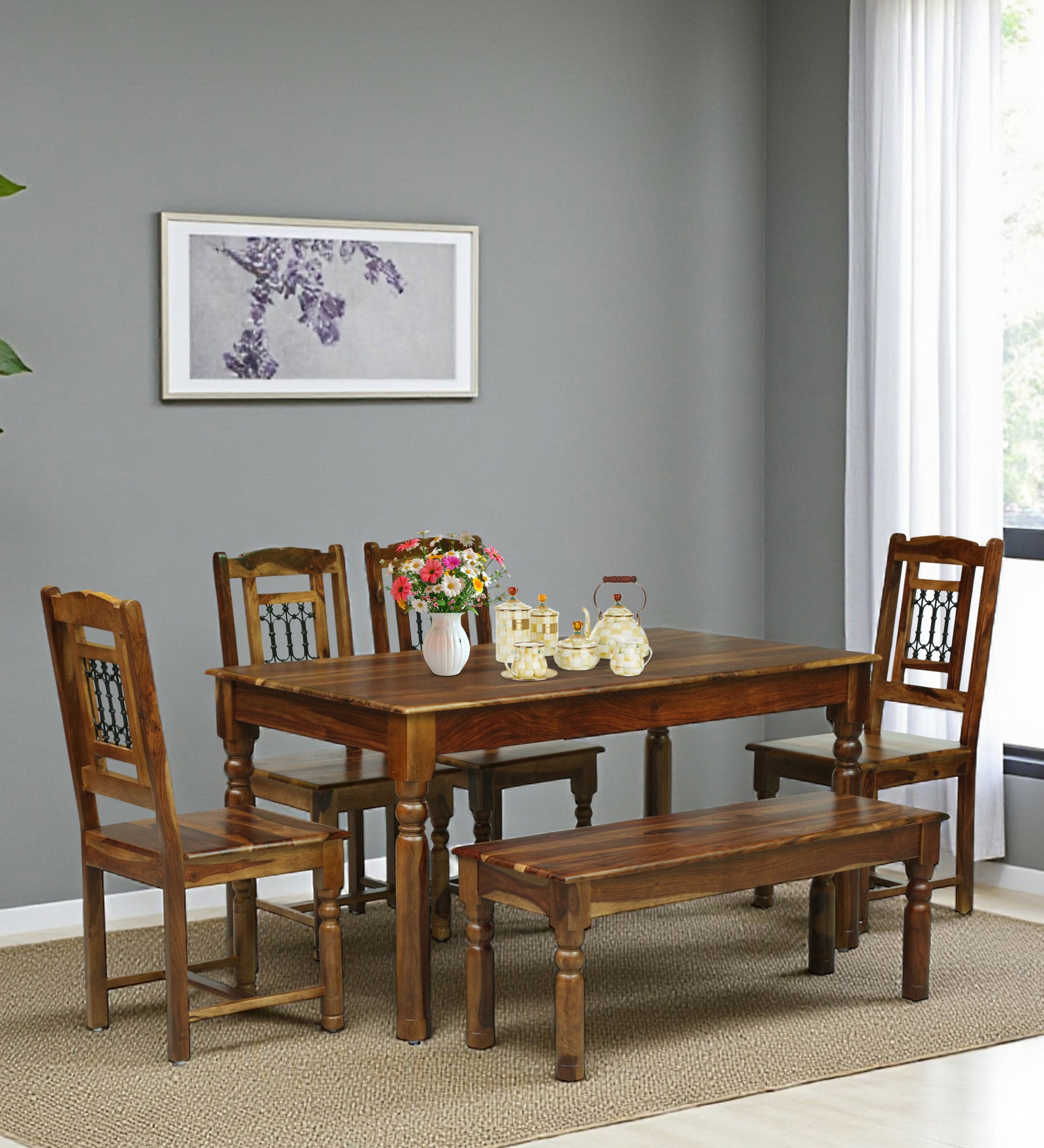 Stafford Sheesham Wood 6 Seater Dining Set With Bench  In Provincial Teak Finish