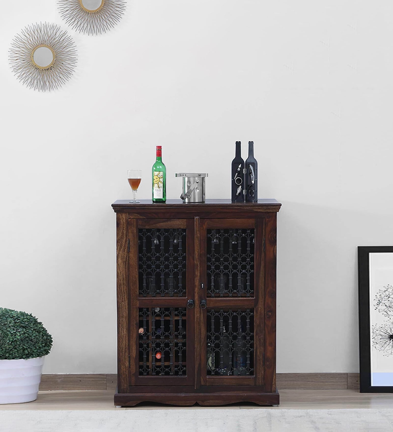 Stafford Sheesham Wood Bar Cabinet In Scratch Resistant Provincial Teak Finish