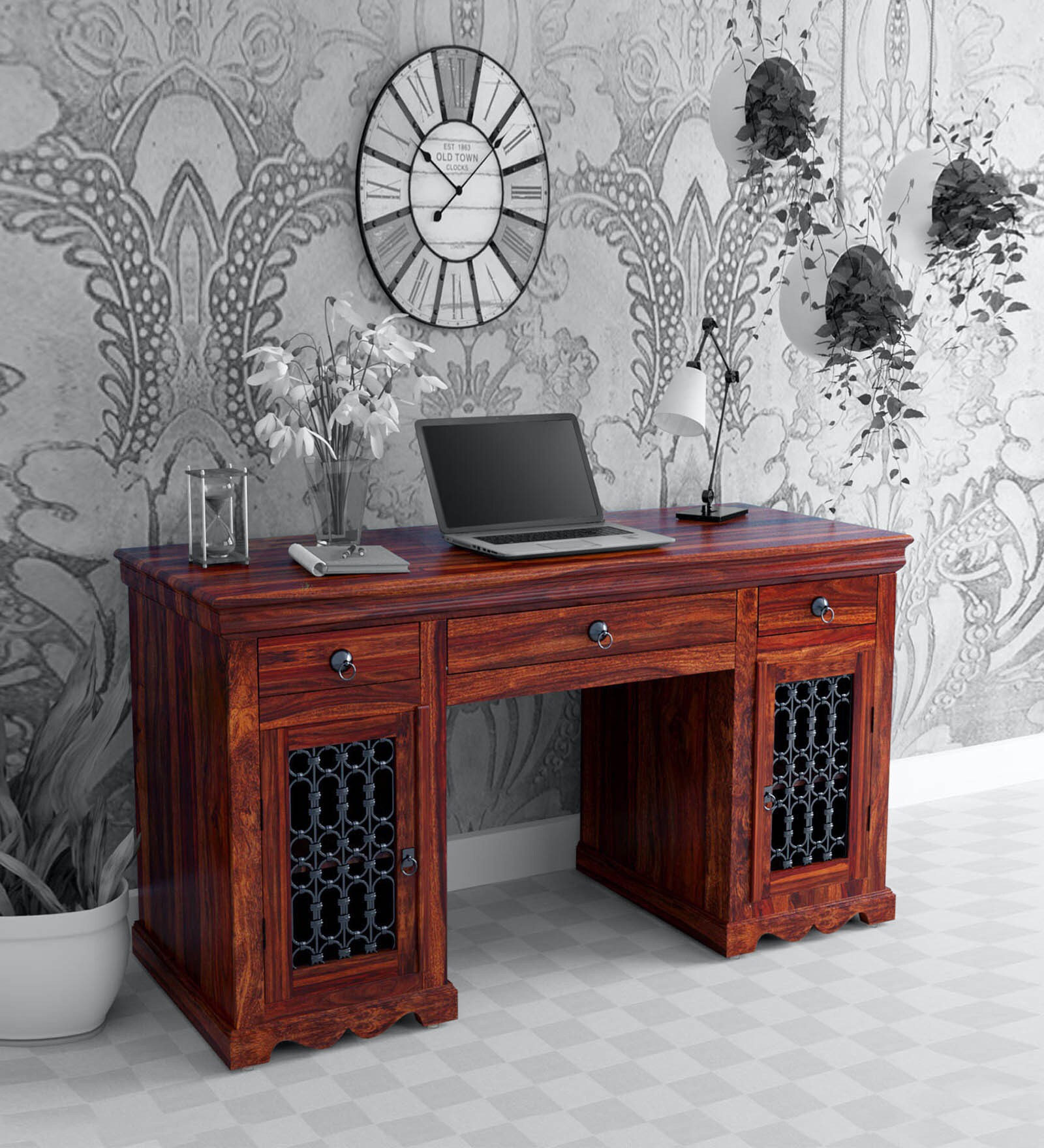 Stafford Sheesham Wood Writing Table In Honey Oak Finish With Storage
