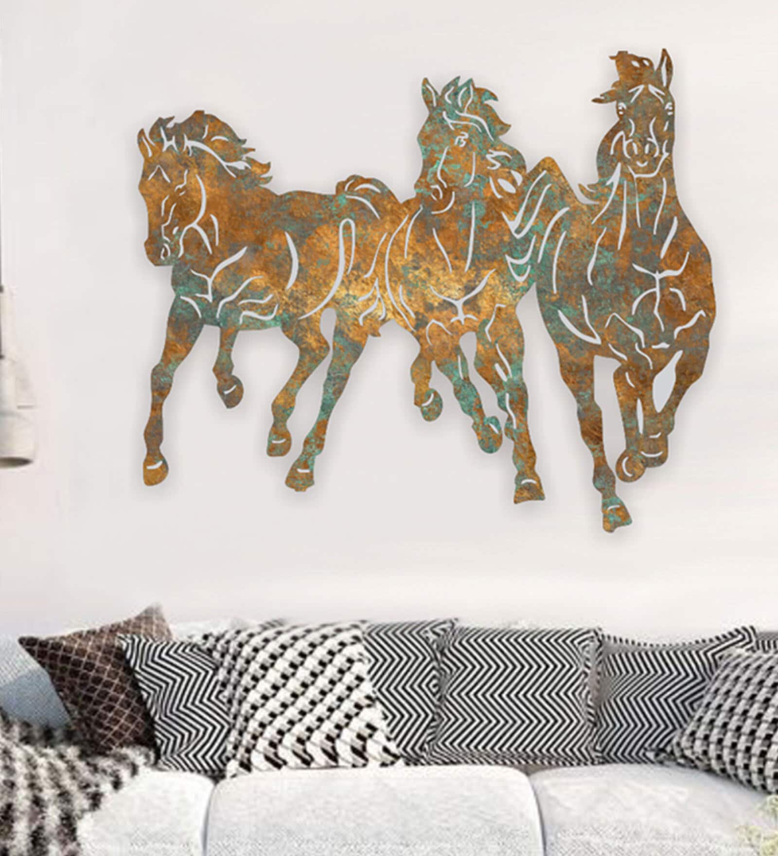 Stainless Steel 3 Running Horse Wall Art In Multicolour