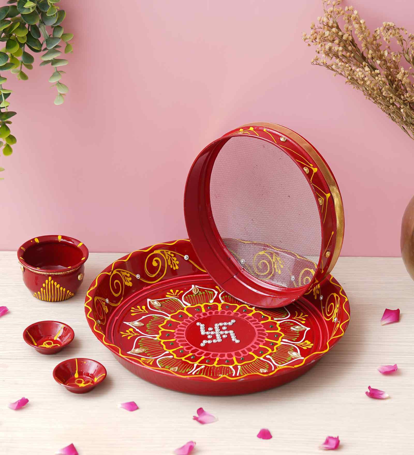 Stainless Steel Floral Decorative Karwa Chauth Thali Set with Plate Chalni Lota Diya Haldi Kumkum Holder-Karva Chauth Pooja Thali