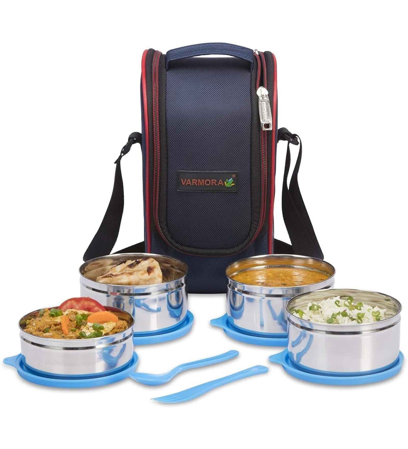 Varmora SS Mini Xclusive Lunch | Stainless Steel Lunch Box Set with Insulated Bag| 4 Containers(390ml-1pc, 520-3pc)| Airtight & Leak-Proof | FDA Approved & BPA-Free- Blue