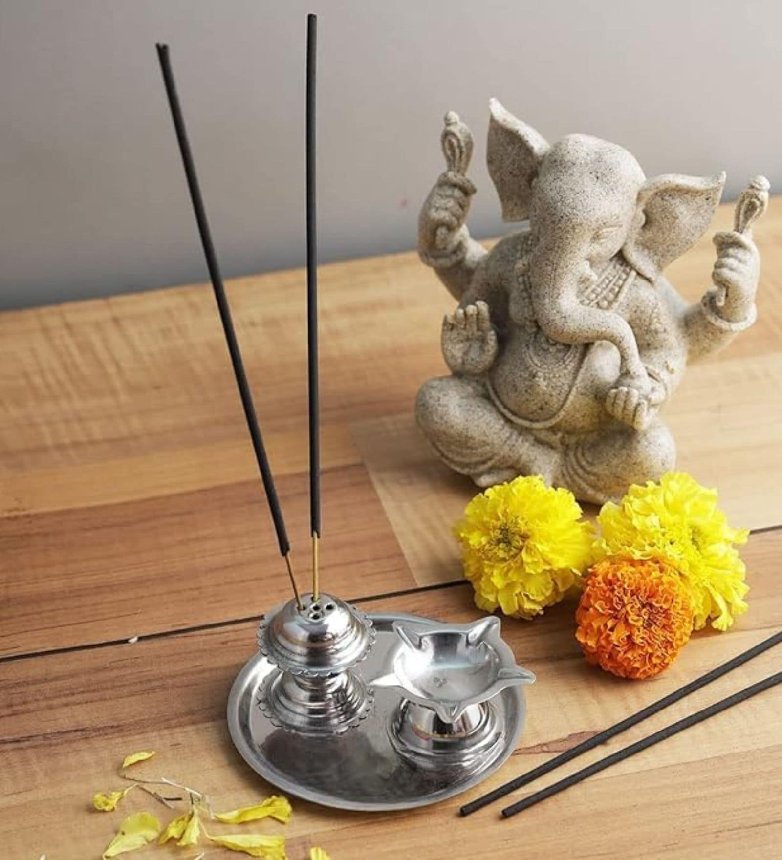 Stainless Steel Panchvati Diya with Agardan for Pooja