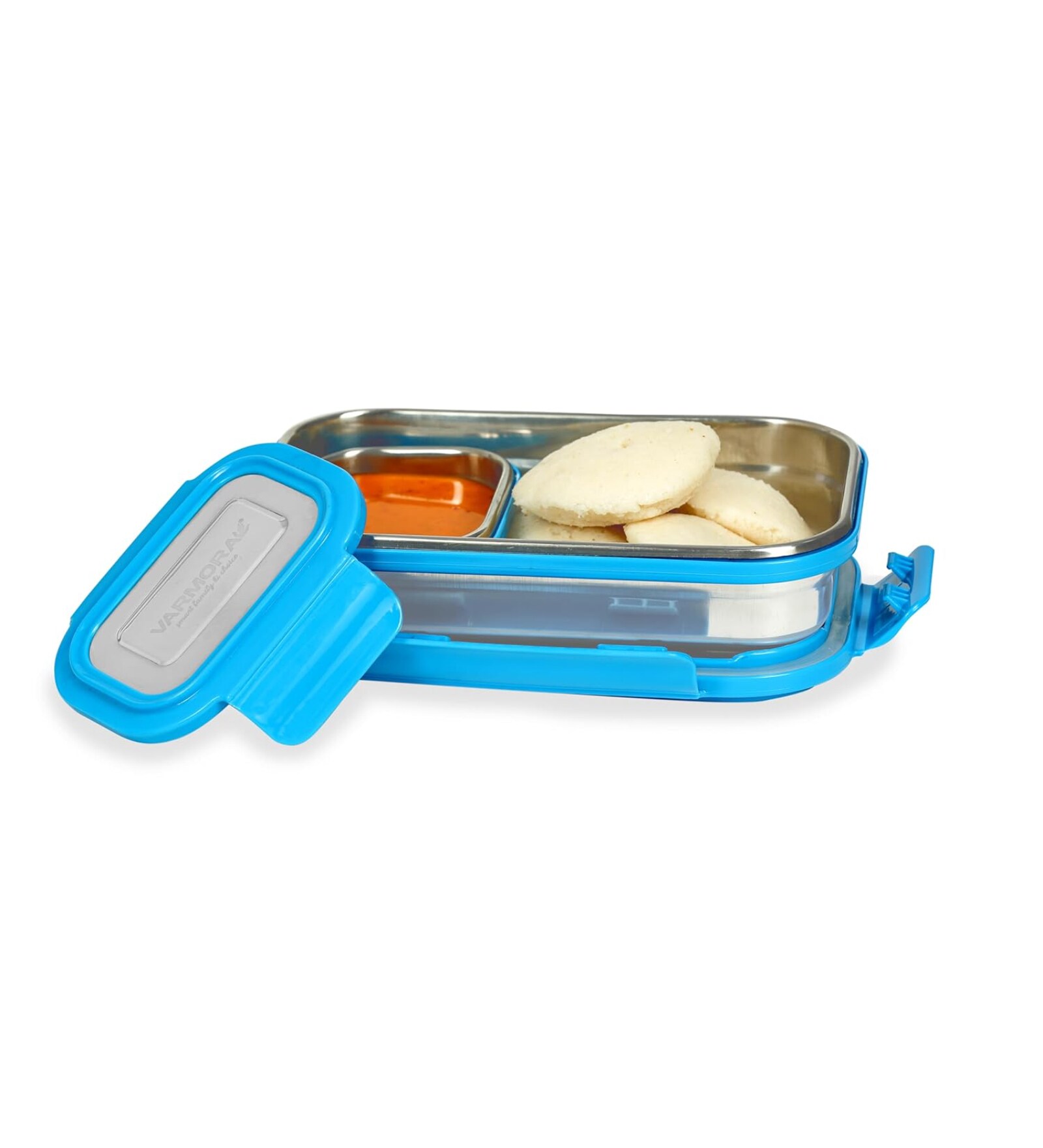 Varmora Stainless Steel SS Kids Lunch with 4 Side Lock Lid- Set of 2 Containers (800 ml.+150 ml)- Blue