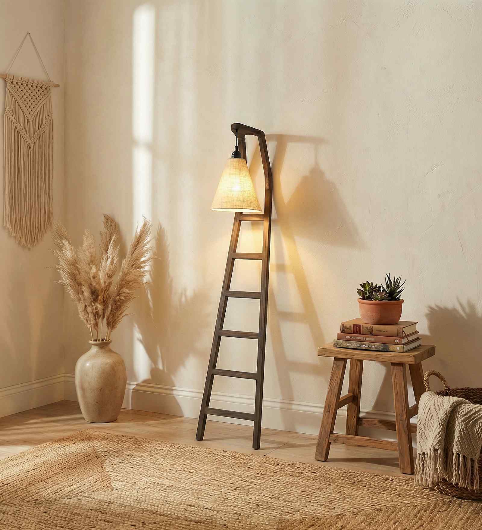 Stairway Wooden Floor Lamp with Jute Shade & Brown Base