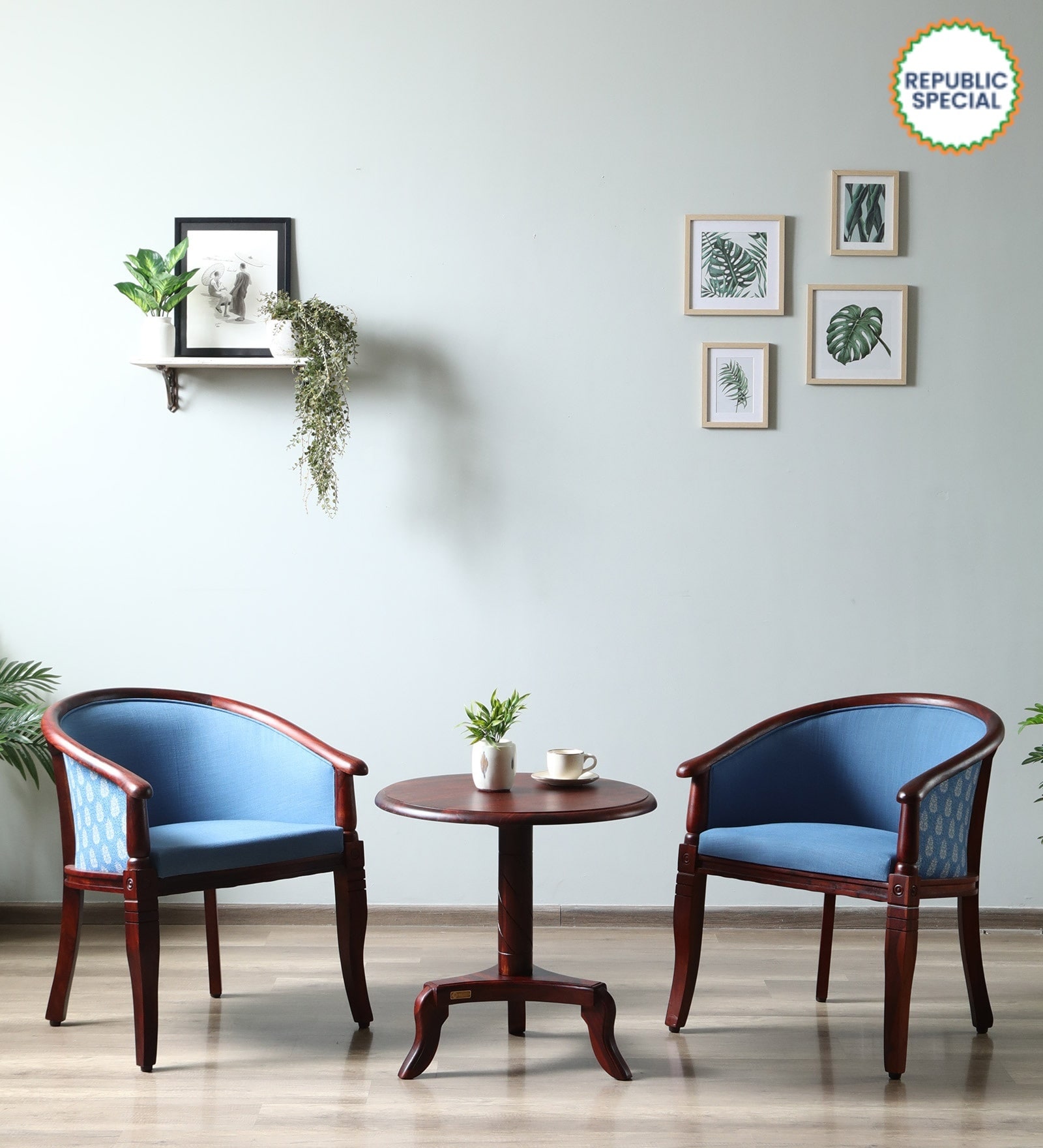 Stalley Sheesham Wood Coffee Table Set in Blue Dual Print & Scratch Resistant Honey Oak Finish With 2 Chairs