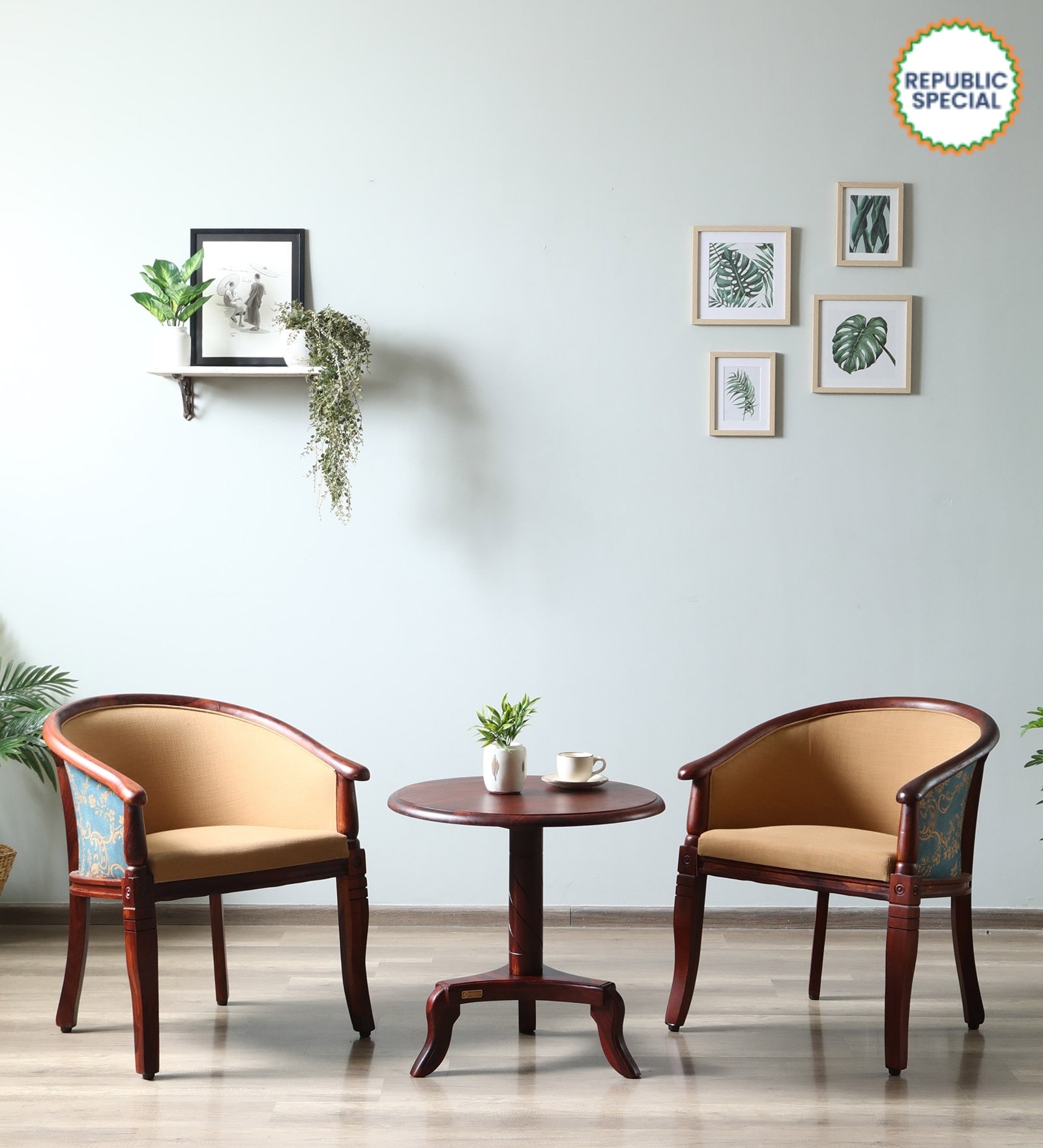 Stalley Sheesham Wood Coffee Table Set in Dual Print & Scratch Resistant Honey Oak Finish With 2 Chairs