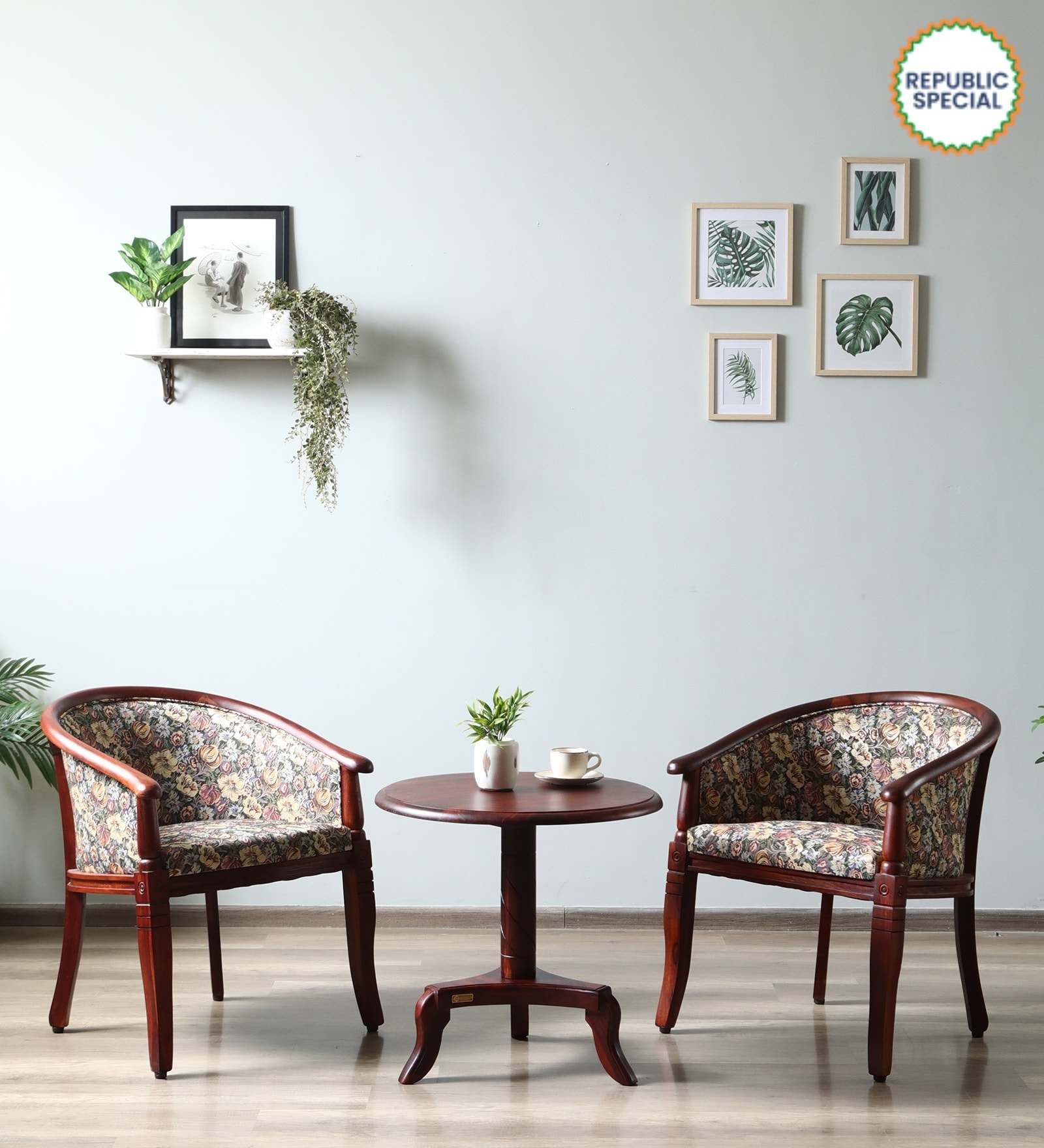 Stalley Sheesham Wood Coffee Table Set in Floral & Scratch Resistant Honey Oak Finish With 2 Chairs