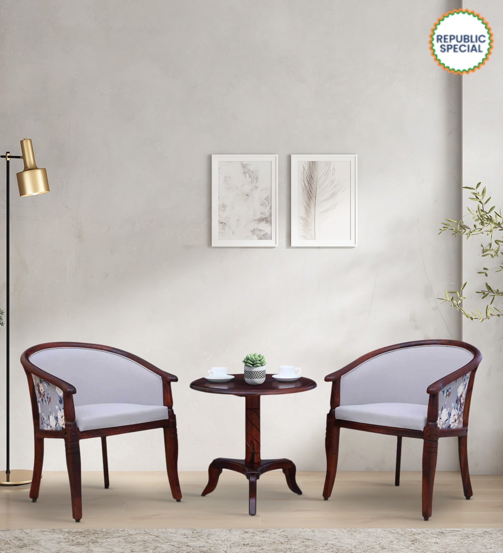 Stalley Sheesham Wood Coffee Table Set in Scratch Resistant Gray Dual Print & Honey Oak Finish With 2 Chairs