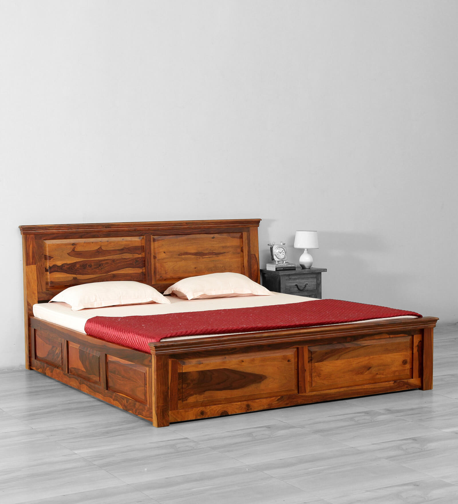 Buy Stanfield Solid Wood Queen Size Bed With Box Storage In Honey Oak Finish By Amberville 