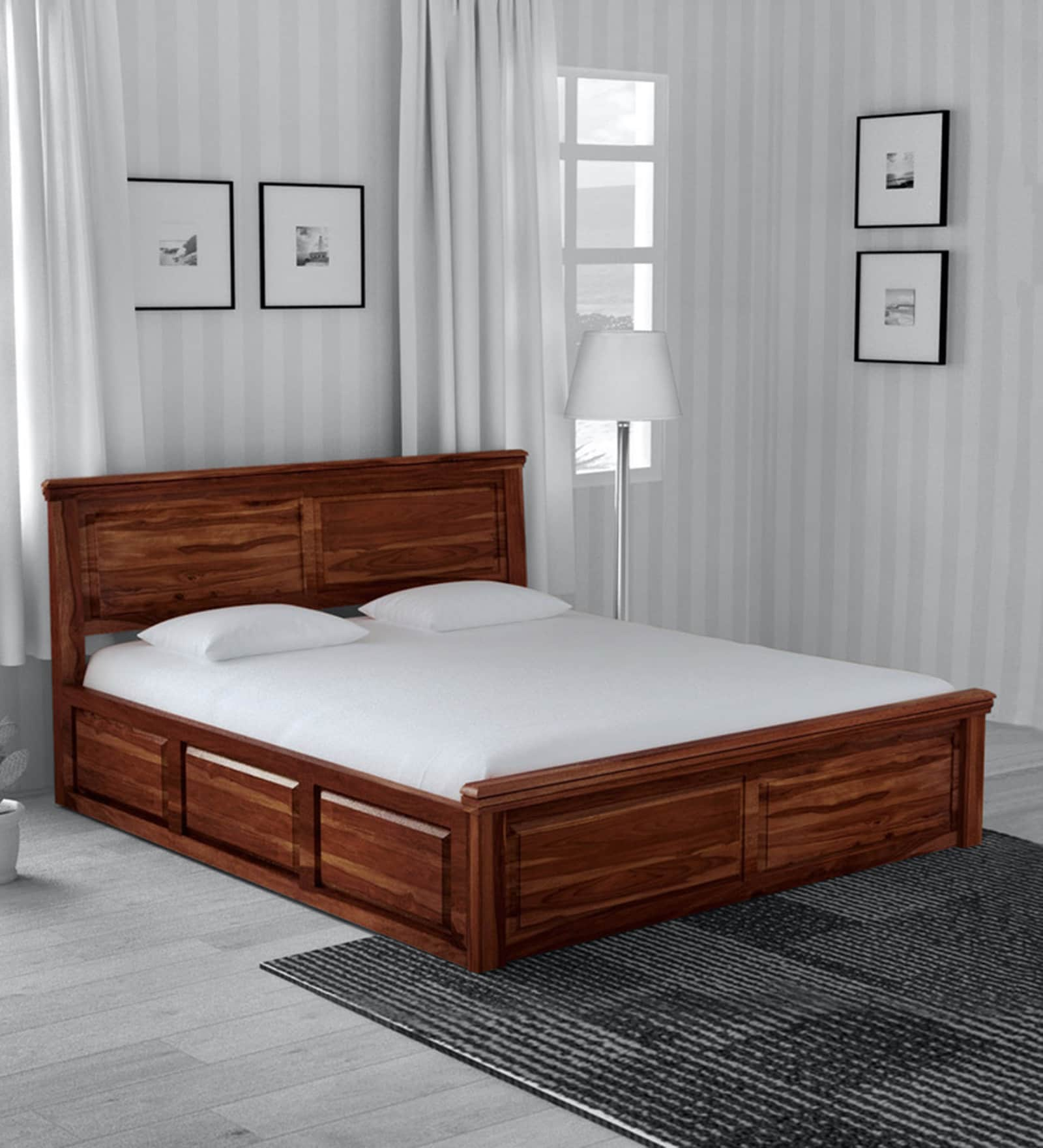 Buy Stanfield Sheesham Wood Queen Size Bed With Box Storage In Honey Oak Finish At 5 Off By 