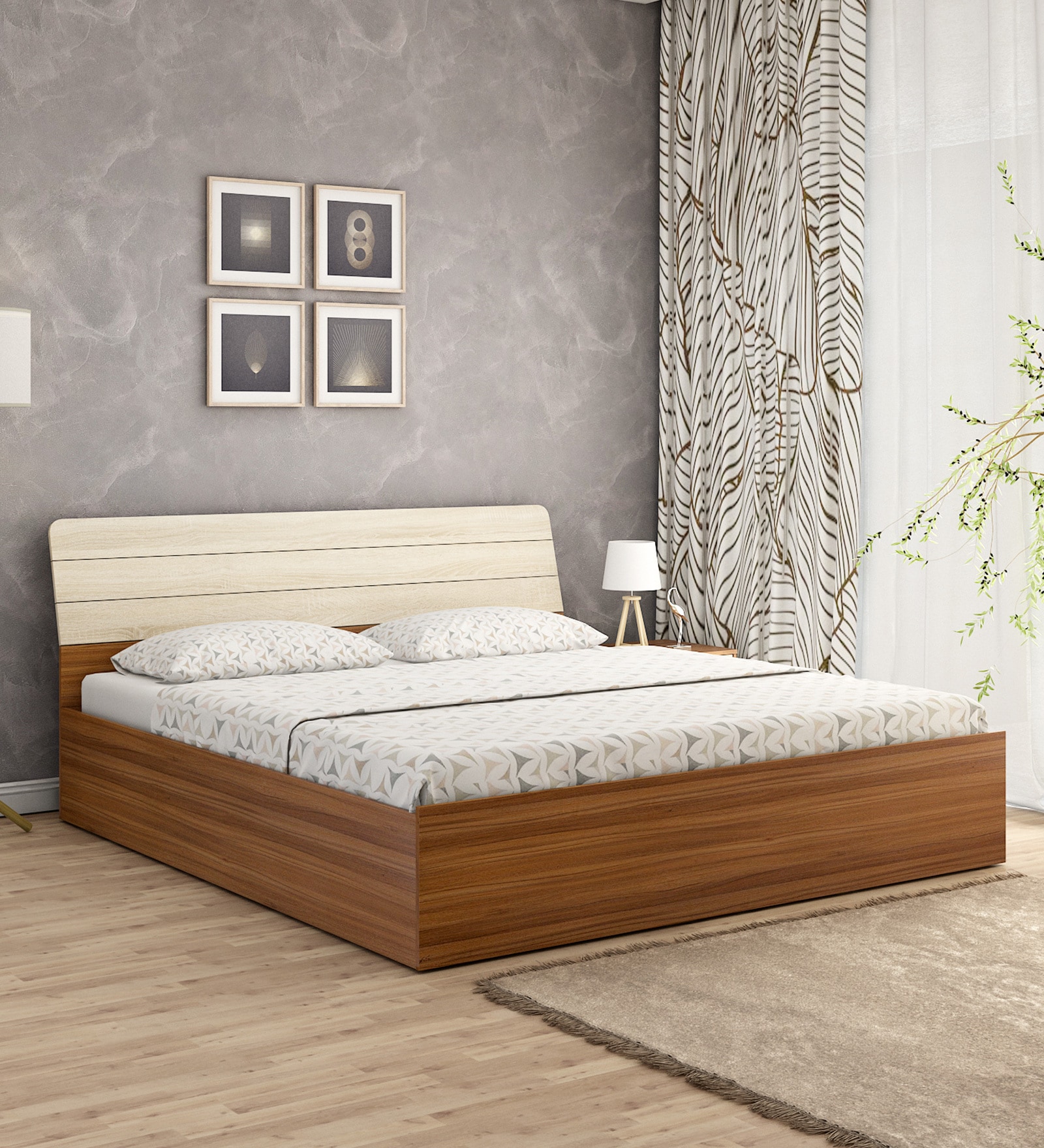 Stanley Queen Size Bed in Exotic Teak and Light Oak Finish with Box Storage