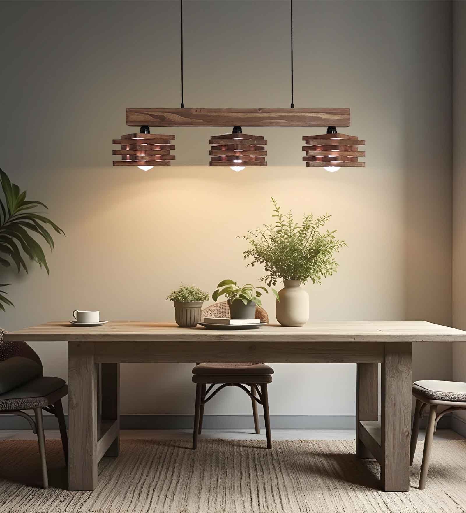 Star 3 Lights Brown Solid Wood Linear Chandelier Cluster Hanging Light