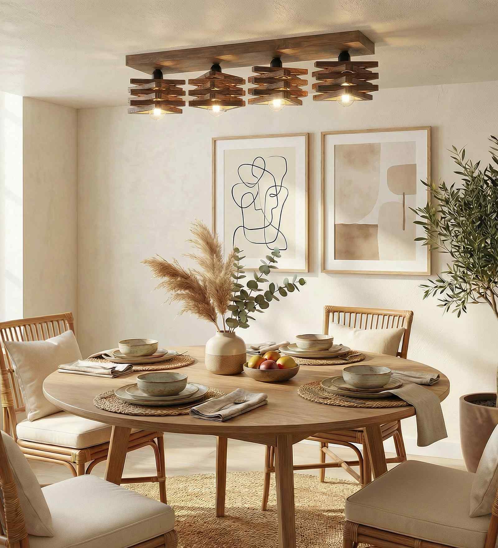 Star 4 Lights Brown Solid Wood Flush Mounted Ceiling Light