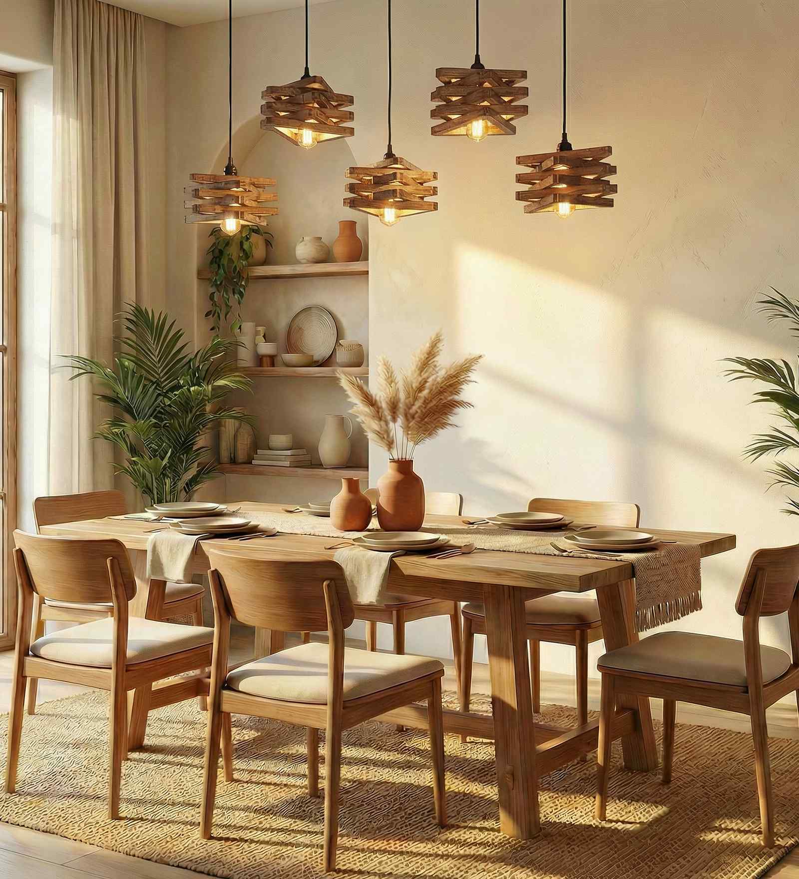 Star 5 Lights Brown Solid Wood Linear Chandelier Cluster Hanging Light