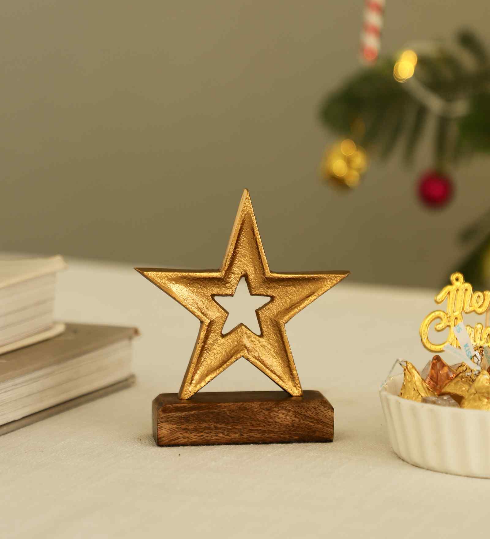 Star Aluminium Showpiece With Wooden Base