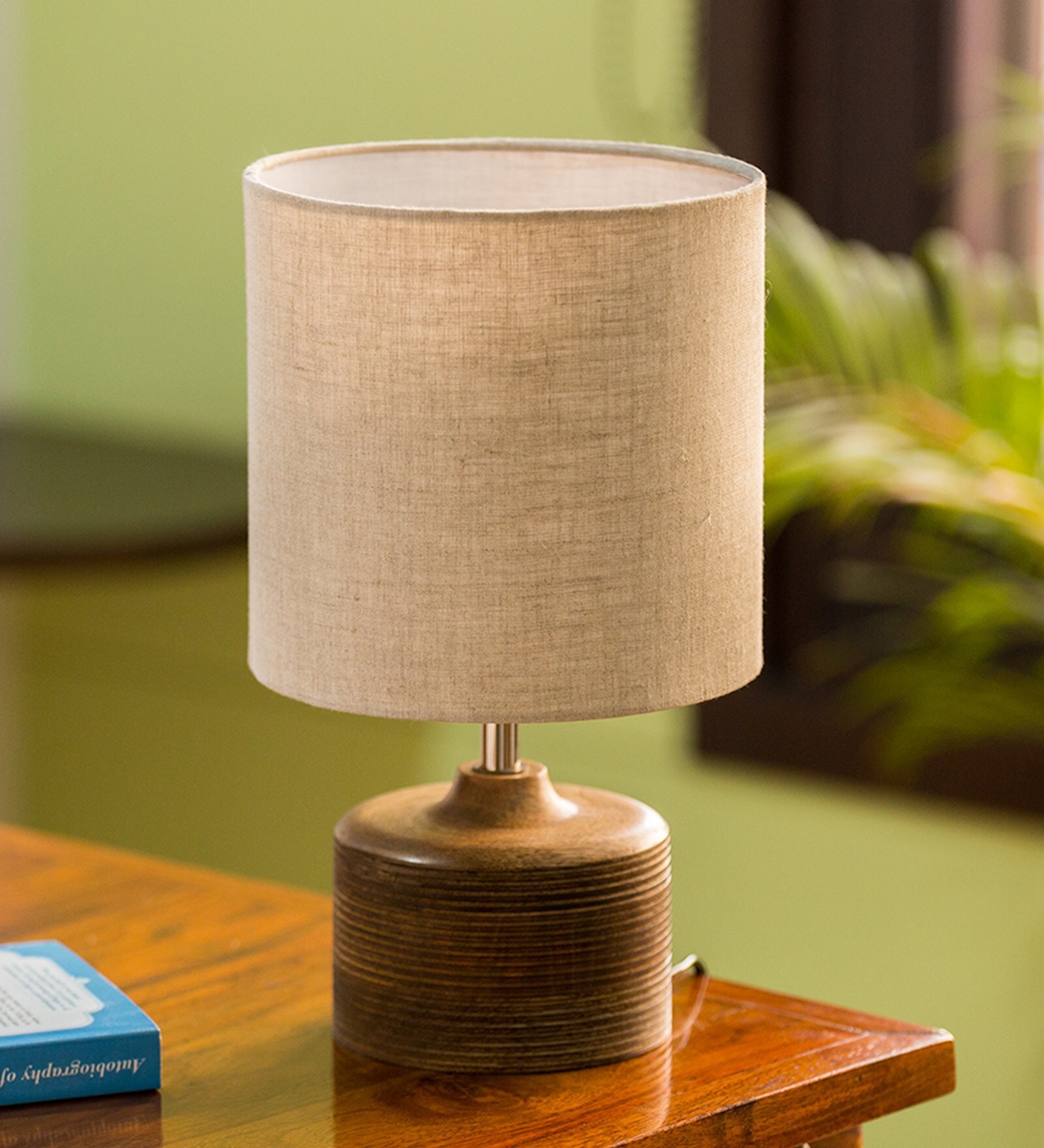Starlight White Cotton Shade Table Lamp With Brown Base