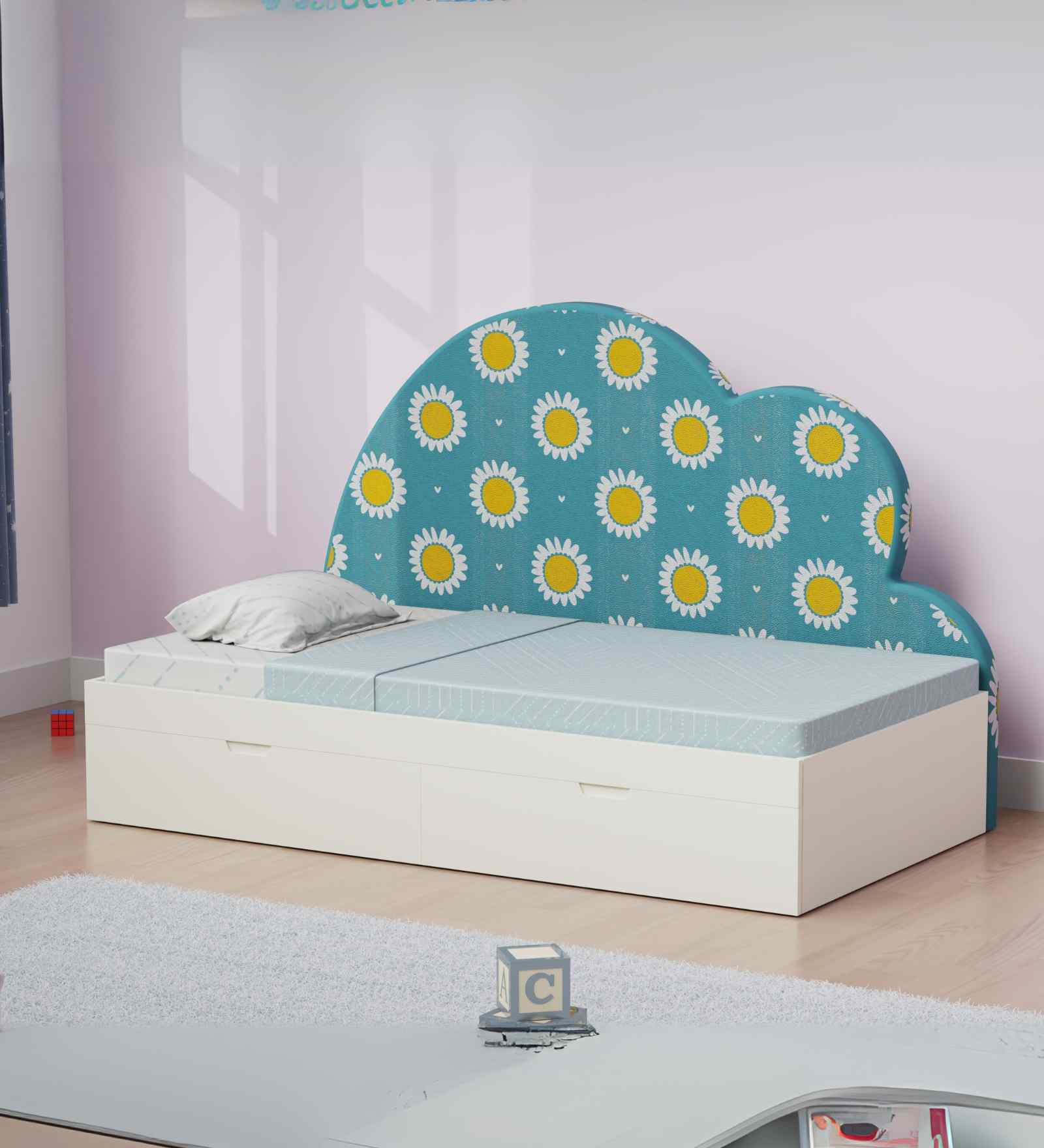 Starry Nights Single Bed With White Drawers Storage & Daisies Print